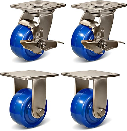 Four stainless steel casters with polyurethane wheels, 2 swivel with brakes, 2 rigid  |  1701-95 displayed