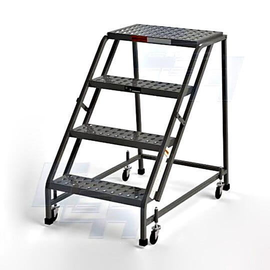 OSHA 4-Step EZY-Climb Steel Ladders with EZY-Tread or Grip Strut, 3" spring-loaded casters and choice of 17"W, 24"W (Z023 shown) or 30"W steps by EGA Products | 2813-PP-04 displayed