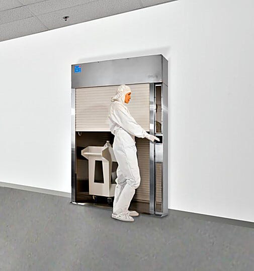 Roll-up door pass-throughs, available in many sizes, are easy for gloved cleanroom personnel to operate | 6705-10C displayed