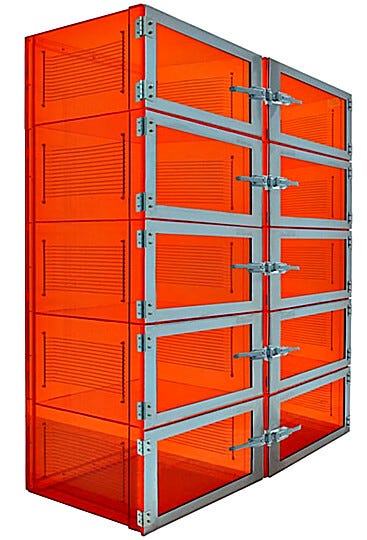 Amber acrylic ten chamber desiccator cabinet includes stainless steel shelf racks, stainless steel-reinforced doors, a flowmeter and relieve bleed valve (not sh | 3950-66D displayed