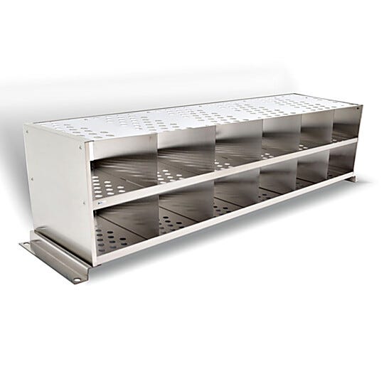 304 stainless steel bootie rack with glides for retrofitting to gowning bench, perforated surface with 12 cubbies  |  1560-42 displayed