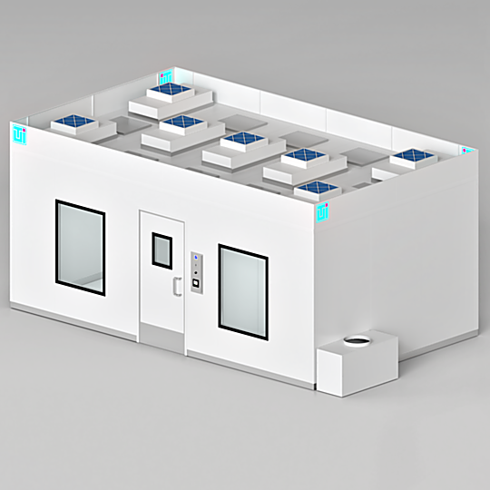 Modular BioSafe Wall Panel cleanroom configured with FFUs, light panels, and air plenum included for a turnkey compounding room  |  2899-20 displayed
