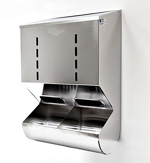 Stainless Steel Wall Mounted 2 Chamber Glove Dispenser with Catch Tray  |  4951-38-2-316 displayed