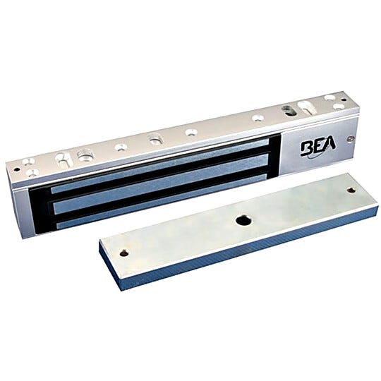Electromagnetic lock with 600lb holding capacity installs above door; connects to door interlocking module and engages when a dependent door opens  |  5050-55 displayed