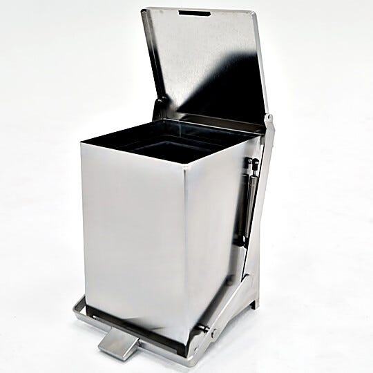 Electropolished ISO 4 stainless steel rectangular hands-free waste receptacle with pneumatic soft-closing lid, 12"W x 12"D x 17"H  |  1456-16B displayed