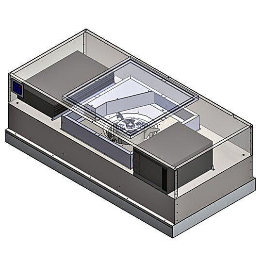 Uninterruptible Power Supply (UPS) mounted on top of FFU; main UPS unit plus add-on battery for extended runtime; status indicator lights provide visual alerts  |  6601-24A-HSS-EC-BP displayed
