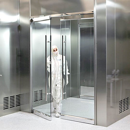 Frameless all-glass cleanroom doors minimize crevices where particles and germs can collect; suitable for labs or cleanrooms with strict cleaning protocols | 6712-02 displayed