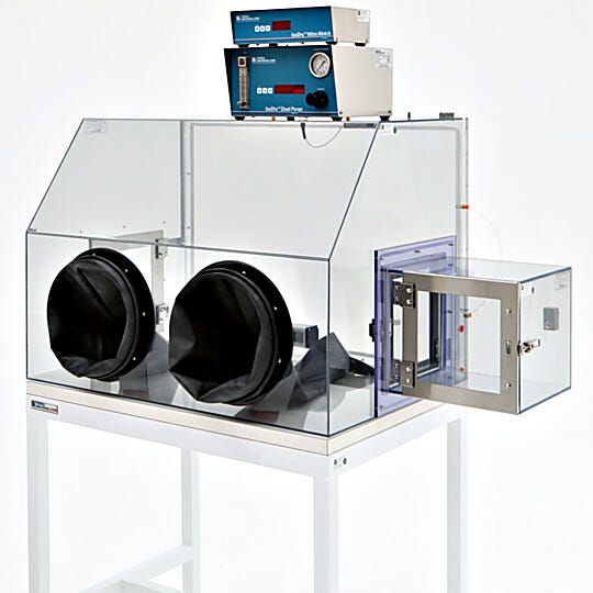 Gas-purged plastic glove box isolator, positive pressure inert nitrogen gas environment, with automatic RH control; 36"W x 24"D x 26"H | 3305-00F-RH displayed