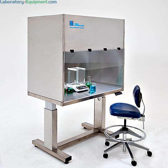 ISO 5 BioSafe Universal Hood (48"-wide model) shown installed on an optional ErgoHeight® workstation  |  1675-60-48 displayed