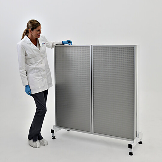 Front side of horizontal laminar flow module; 2 HEPA fan filter units mounted on a base stand