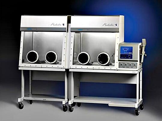Labconco Protector Combination Glove Boxes shown in double configuration with four arm ports | 3644-17 displayed