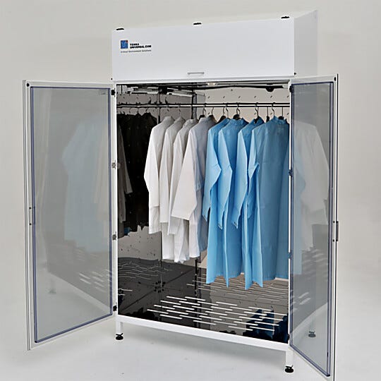 Large UV cabinet with mirrored stainless steel interior and hanger rod; HEPA filtration system is mounted on top, a perforated bottom allows for laminar airflow | 4101-15C-UV displayed