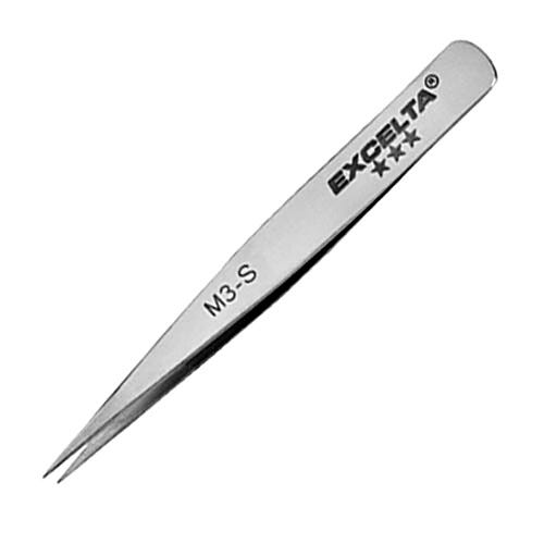 Tweezers feature straight fine tips. Made from 400 series (magnetic) Stainless Steel which has a slightly higher carbon content and produces a sturdy tip  |  9302-44 displayed