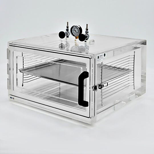 Clear acrylic vacuum desiccator cabinet with front swing door, shelving, vacuum gauge and needle valves | 5235-81 displayed