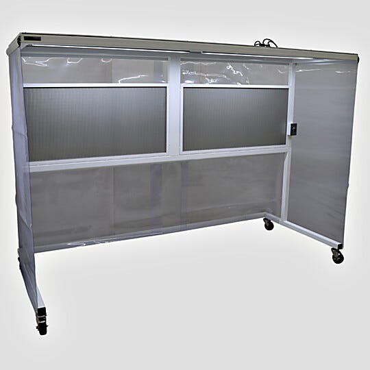 Portable horizontal CleanBooth, three-sided Softwall enclosure and polypropylene ceiling, laminar flow of HEPA-filtered air and castered frame with locking brak | 1870-21 displayed
