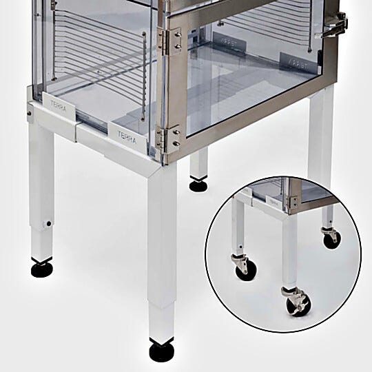 Small 12"H powder-coated steel desiccator stand; optional casters simplify positioning and cleaning
