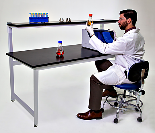 Epoxy resin top laboratory table with sturdy powder-coated steel base, shown with custom overhead shelf  |  2903-09 displayed