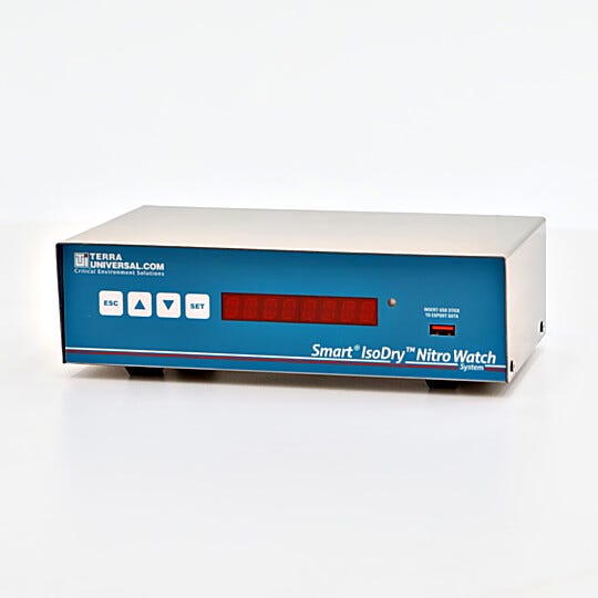 Terra's Smart® IsoDry® Nitro-Watch™ logs data at user specified intervals: RH, temp, door open/close, purge on/off, and sensor removal/attachment