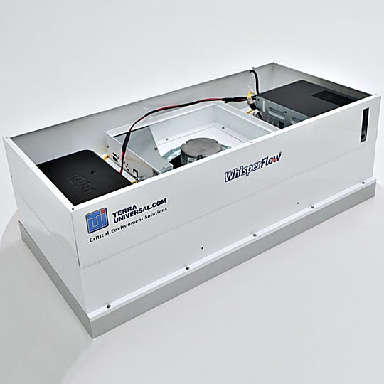 Uninterruptible Power Supply (UPS) mounted on top of FFU; main UPS unit plus add-on battery for extended runtime; status indicator lights provide visual alerts | 6601-24A-H-EC-BP displayed
