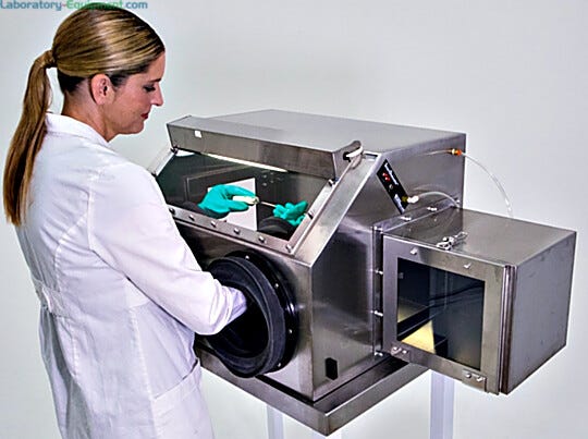 Smart® stainless steel glove box with automatic RH control maintains an inert environment to protect oxygen- and moisture-sensitive parts; optional air lock  |  3305-34A displayed