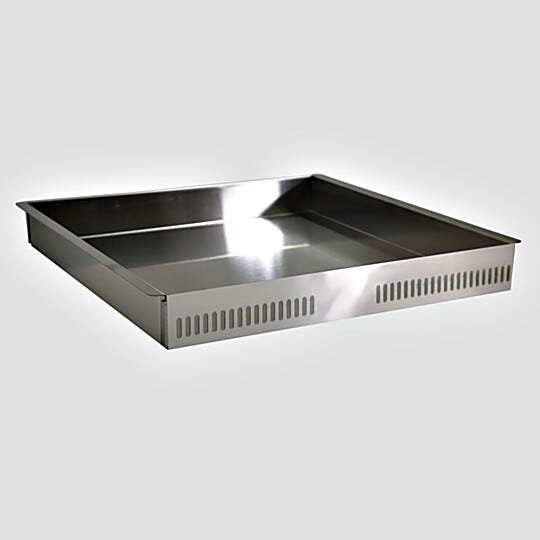 304 Stainless steel solid-bottom tray with extra depth for desiccators 21.3" W x 14.5" D x 2.6" H, single-sided perforation | 1978-04 displayed