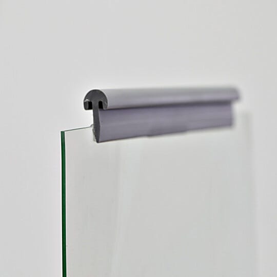 Top portion of transparent anti-static PVC vinyl strip curtain with included hook for easy hanging | 1320S-08 displayed