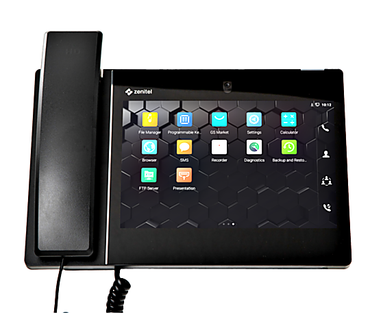 Convenient desktop video conference telephone/intercom running on Android OS with SIP/VoIP connectivity, Wi-Fi and Bluetooth  |  6711-13 displayed