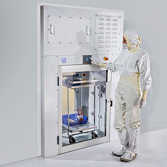 Air shower pass-throgh removes surface-deposited particles from carts and other large materials  |  6705-70 displayed