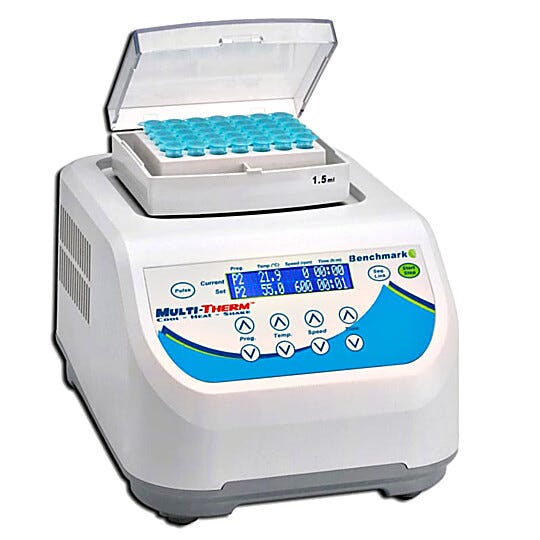 Benchmark Scientific’s Multi-Therm™ Vortexer provides temperature controlled mixing at speeds up to 1500 rpm  |  2824-01 displayed