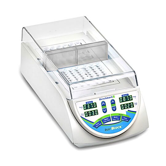 Benchmark's IsoBlock is a digital dry bath that features two  isolated chambers maintain independent time and temperature control  |  2829-49 displayed