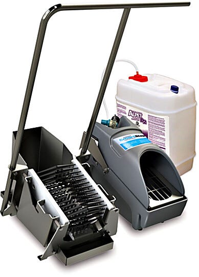 The SmartStep footwear sanitizing system is shown with optional boot scrubber and stainless steel handle