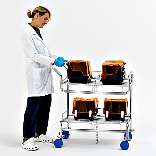 Round tubes provide smoother surfaces for reduced particle accumulation. Electropolished stainless steel cart with angled shelves secures wafer boats | 9600-14A displayed