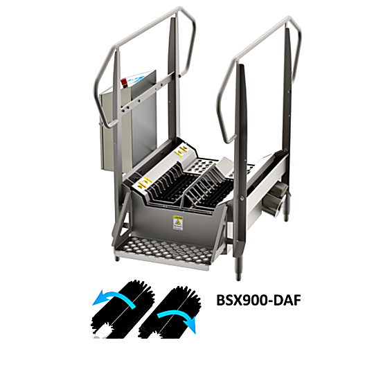Stainless steel BSX900 Compact Walk Through Dual Sole Boot Scrubber by Best Sanitizers with 2 long horizontal brushes accommodates 15-25 users per minute, 115V  |  5608-31 displayed