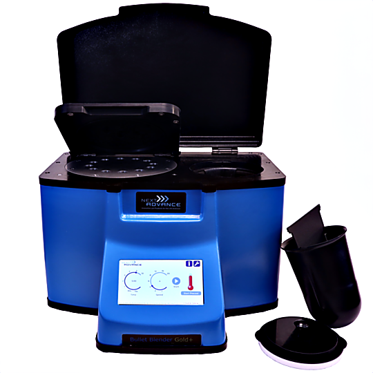 Bullet Blender 24 Gold+ homogenizer processes up to 24 samples in parallel with 4°C cooling and noise insulation for quiet operation  |  2600-03 displayed
