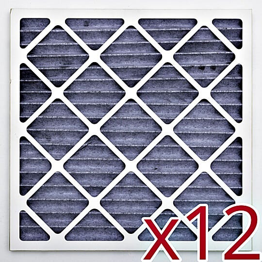12 pack of Activated Carbon Pleated Prefilters for odor and gas removal provides high efficiency for adsorbing odors and controlling airborne irritants | 6702-64 displayed