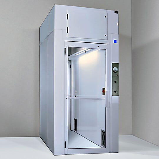 Pressurized cleanroom airlock for personnel with interlocking doors, 2’x 4’ low-energy EC fan filter unit, room-side replaceable HEPA filter  |  6010-17A-PAL displayed