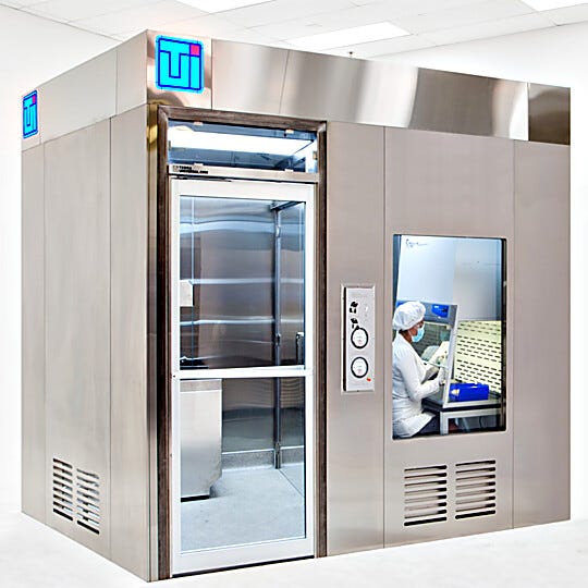 Shown is an all stainless-steel USP797 compounding room, including ante-room and buffer room  |  2900-94-SS displayed