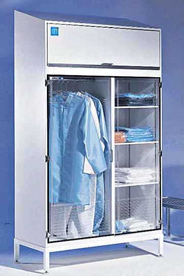 Cleanroom Storage Cabinet for Supply Garments shown with props  |  4101-18D-220 displayed