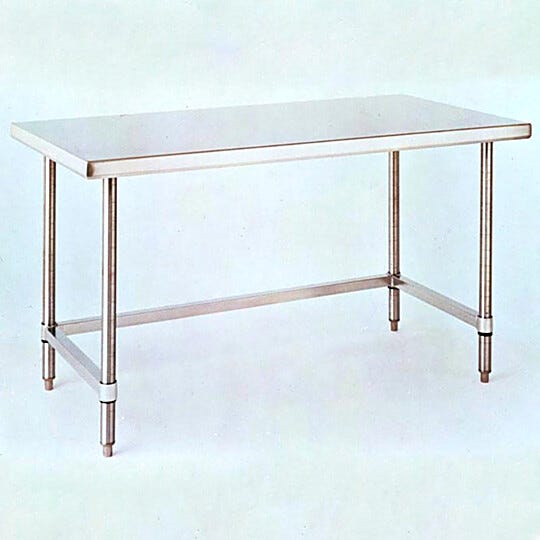 Solid-top 304 stainless steel cleanroon table from Metro with 3-sided "C" frame for comfortable seating | 1305-06 displayed