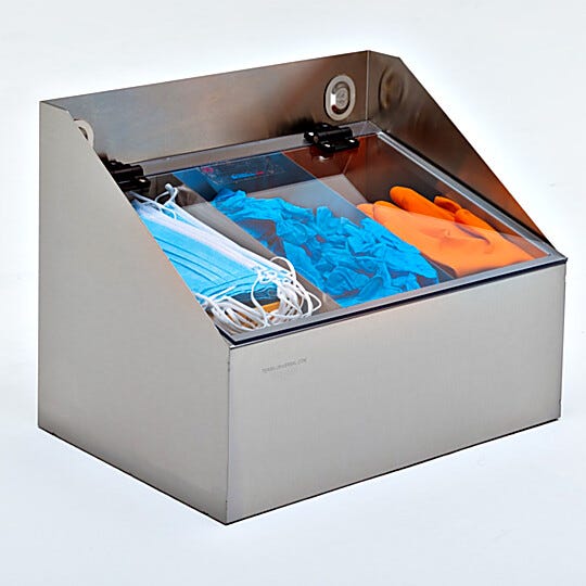 Glove dispenser enhances cleanliness by safely storing PPE equipment in separate compartments    |  4952-92 displayed