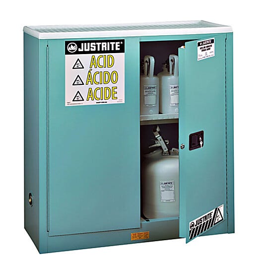 Corrosive Storage by Justrite features two manual stainless steel doors with 3-point stainless steel bullet latching system | 2820-09A displayed