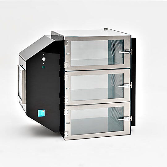Static-dissipative PVC 3-chamber curing and drying cabinet with black acrylic inlet/outlet filter/blower housing, 120VAC, 50/60Hz  |  6082-24A displayed