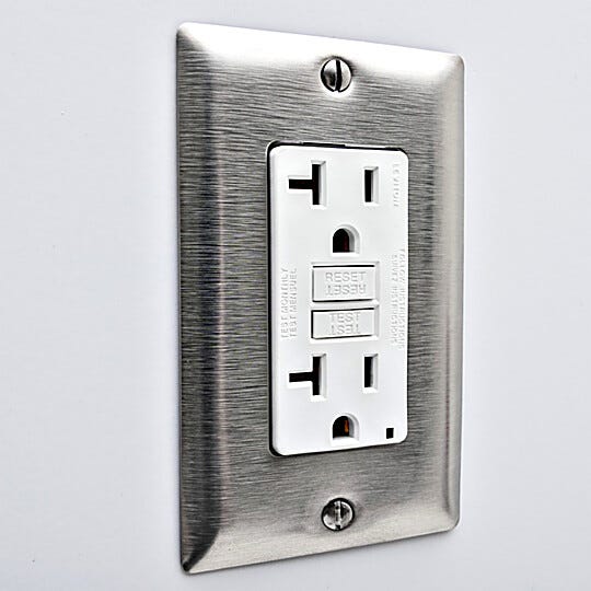 GFCI duplex power outlet with stainless steel cover and quick-connect plug  |  6704-33A displayed