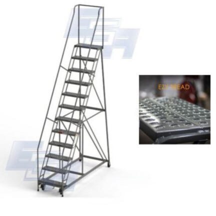 EGA all-welded steel Industrial Rolling Ladders with perforated EZY-Tread and a 450-lb capacity available in 2 to 12-step models with 3" spring loaded casters