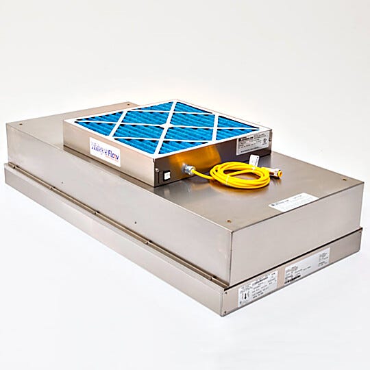 WhisperFlow™ Stainless Steel ULPA Fan Filter Unit captures 99.995% of 0.12-µm particles; stainless steel housing and filter frame  |  6601-24-USS displayed