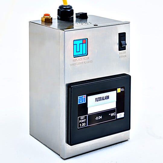Filter alarm enclosure with PLC features a digital touchscreen display, buzzer bypass switch, and conduit fittings for complete filter status monitoring | 2625-54C-SS displayed