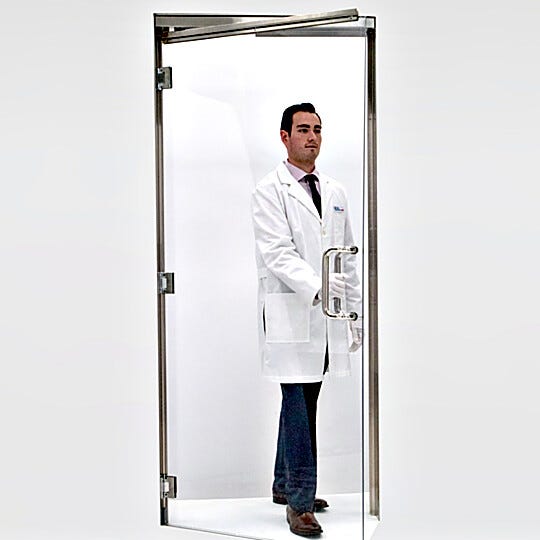 Polycarbonate frameless door with stainless steel jambs and spring loaded hinges  |  6709-20-L displayed