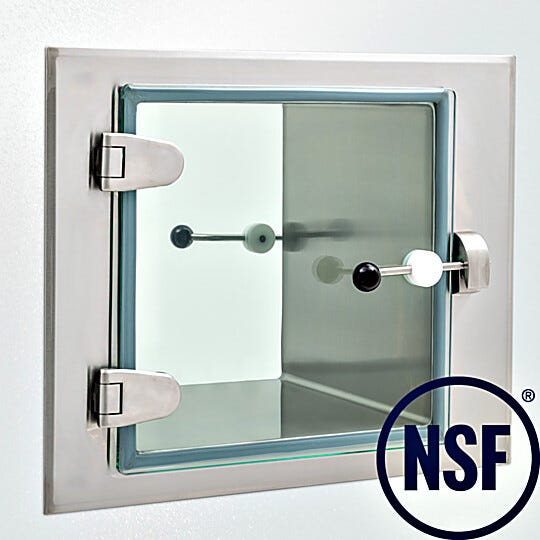 Pass-through utilizes a pivoting bar latch with large ergonomic handle on each door that rotates into the catcher  |  2627-PP-01 displayed