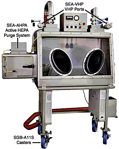 Germfree Class III Biological Safety Cabinet shown with optional active airlock, VHP ports, UPS battery backup, exhaust blower and casters  |  5607-25 displayed