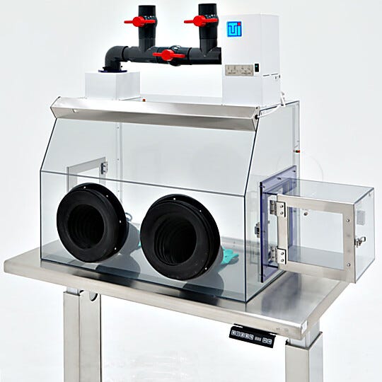 Glove box with filtration module adjustable to single-pass or continuous recirculation operation, shown with optional air lock | 3306-62 displayed